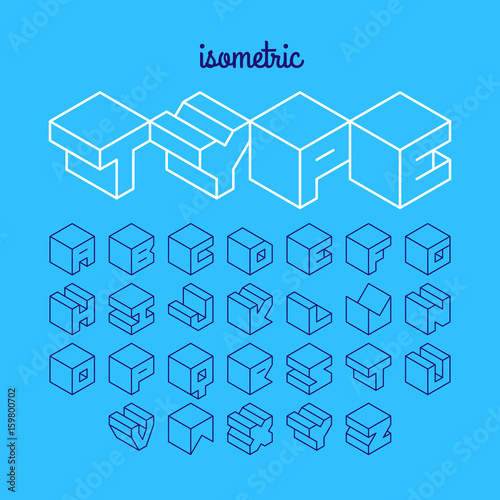 Isometric 3d outline font, three-dimensional alphabet
