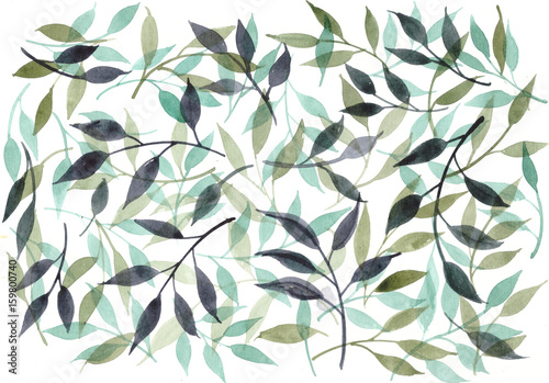 Watercolor floral background with green leaves and branches.