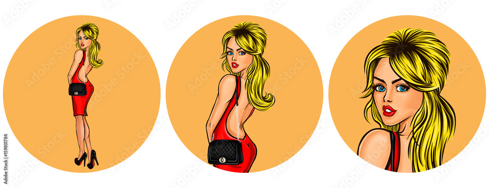 Vector illustration, womens pop art round avatar icon for users of social networking, blogs. Girl in a red dress with a naked back looked back