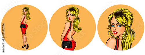 Vector illustration, womens pop art round avatar icon for users of social networking, blogs. Girl in a red dress with a naked back looked back