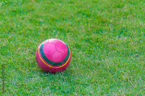 Pink soccer ball on grass field.
