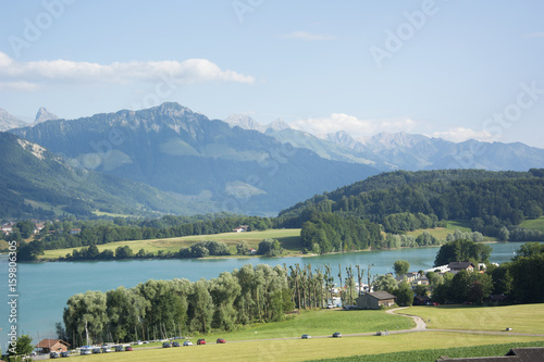 A View of Lac de la Gruyère (Lake of Gruyère) in Switzerland on a Summer Day