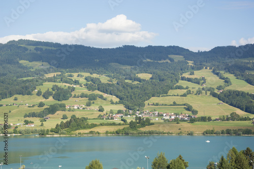 A View of the Houses Overlooking Lac de la Gruy  re  Lake of Gruy  re  in Switzerland on a Summer Day