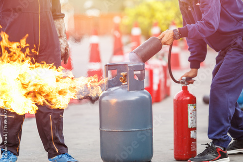 Photography Thai people in the conflagration preventive extinguisher training program, Safety concept