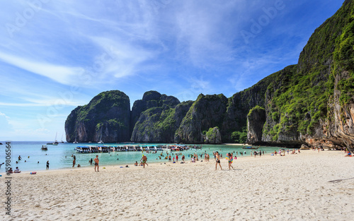 KRABI, THAILAND - MAY 6 : An unidentified people relax at Maya bay in Krabi province southern of Thailand on May 6, 2017. Maya bay is very popular place for tourist to visit. photo