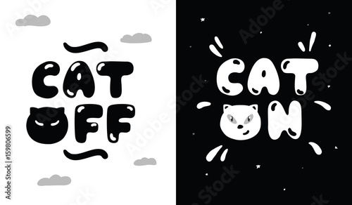Black and white illustration of lifestyle of cats day and night. The cat sleeps during the day and is awake at night. Cat on, cat off.