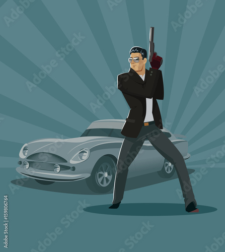 The man super agent. In a black with a gun. Luxury car. Vector illustration