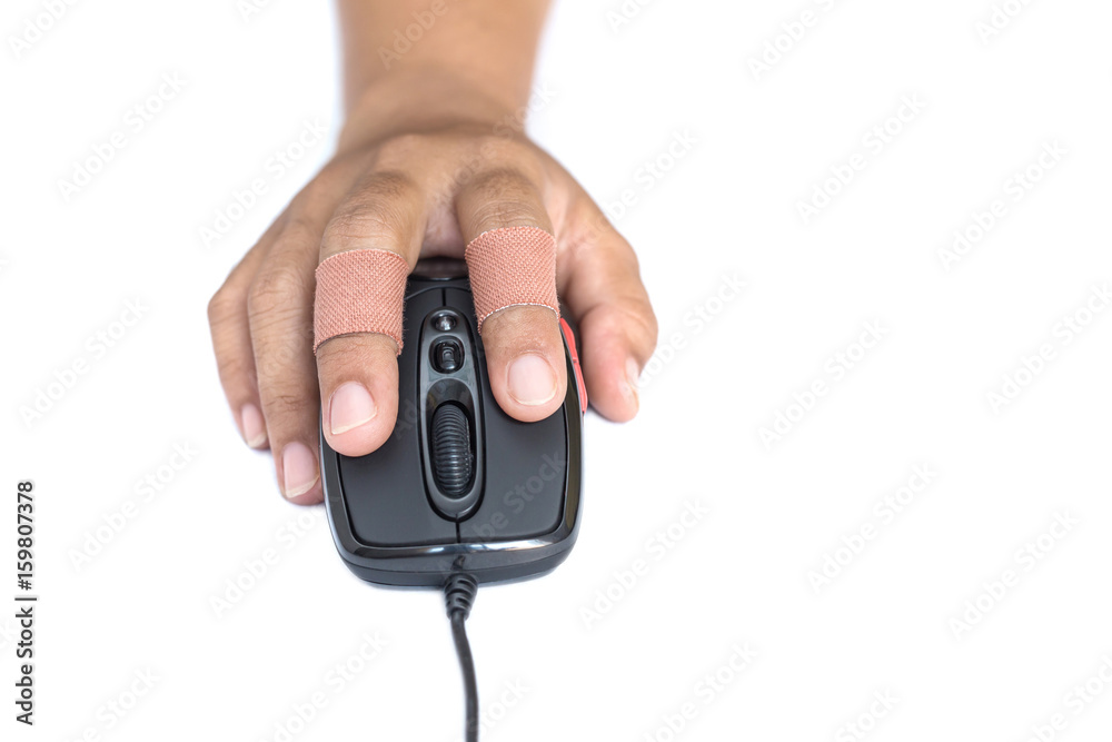 Hand with injury on finger using computer mouse. Isolated on white background Hand with injury on finger using computer mouse. Isolated on white background