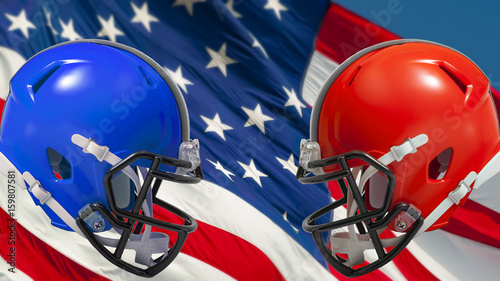 American football concept with a red helmet versus a blue helmet with the US flag in the background