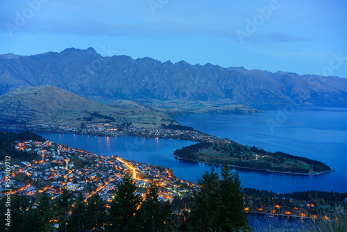 Beautiful cityscape of Queenstown in blue hour , South Island of New Zealand