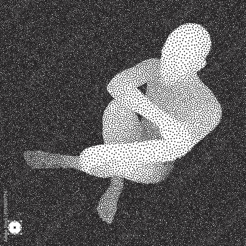 Sitting man. 3D Model of Man. Black and white grainy dotwork design. Stippled vector illustration.