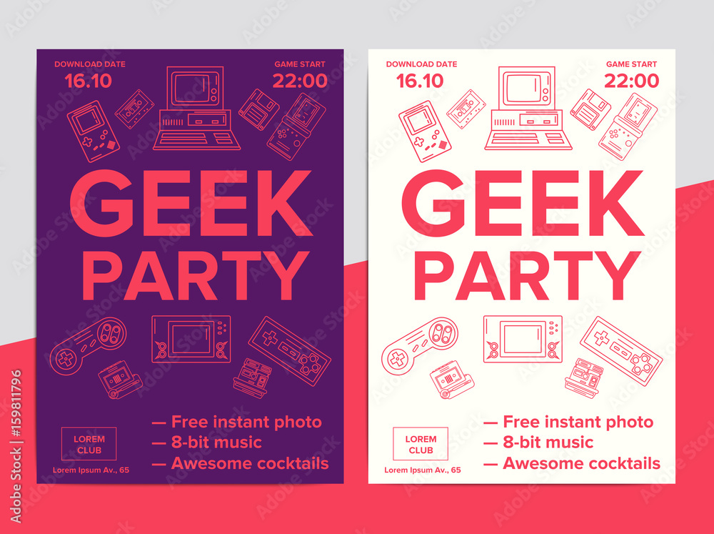 Geek party poster with electronic gadgets from 90s on trendy background.  Hipster night club event flyer ad layout with retro and vintage tech  devices. Nightclub music invitation banner template. Stock Vector