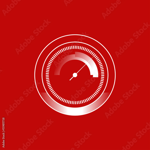 Speedometer icon. White silhouette. Red background.