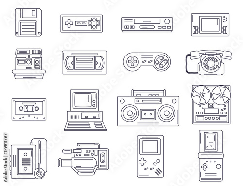 Retro electronic gadgets from 90s in flat linear style. Hipster old devices from nineties. Game and media tech things. Trendy vector line icon set.