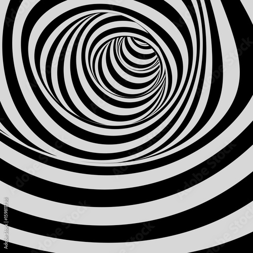 Tunnel. Black and white abstract striped background. Optical art. 3D vector illustration.