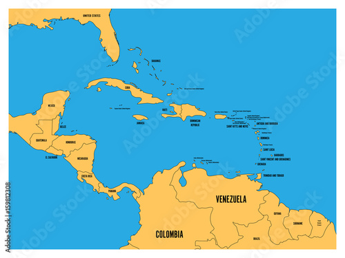 Central America and Carribean states political map. Yellow land with black country names labels on blue sea background. Simple flat vector illustration.