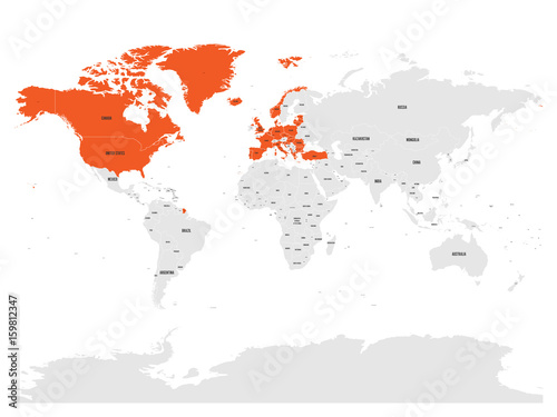 North Atlantic Treaty Organization, NATO, member countries highlighted by orange in world political map. 29 member states since June 2017.