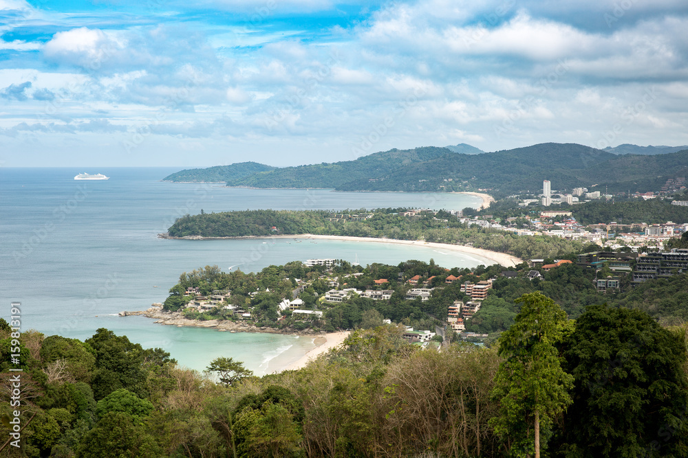 Three tropical white sandy beaches with turquoise clear water and palm trees. Top view. Aerial view of Kata, Karon, Patong View Point, Phuket , South of Thailand