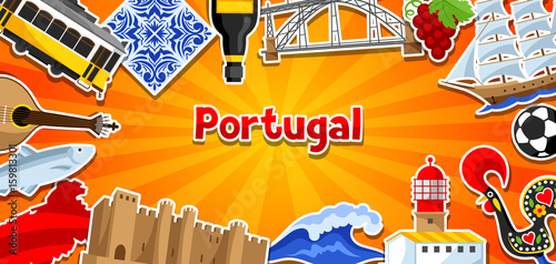 Portugal banner with stickers. Portuguese national traditional symbols and objects