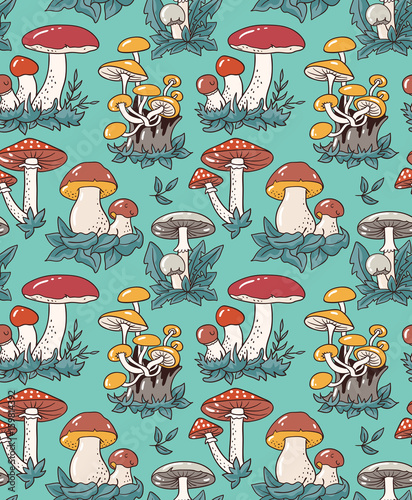 Hand drawn seamless pattern with cartoon mushroom and toadstools. Vector illustration for fabric or wrap paper design.