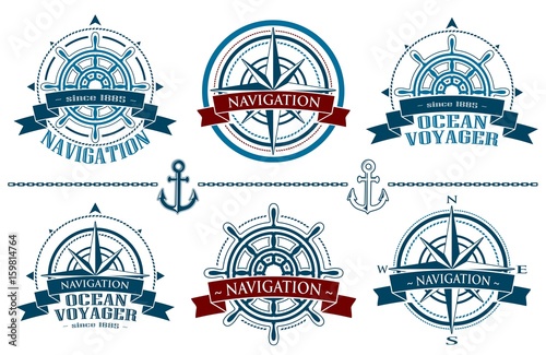 Nautical logos set. Corporate logo with windrose. Emblem with red banner isolated on white backgriund. Navigation symbol. Vector illustration.