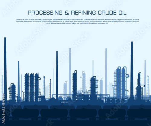 Oil and gas refinery or chemical plant with train tanks. Crude oil pricessing and refining. Heavy industry blue background. Vector illustration. 