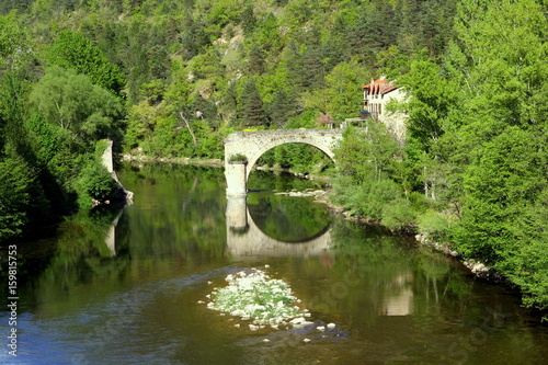 Amazing landscape with a broken bridge on the river Tarn in the Gorges du Tarn, southern France 