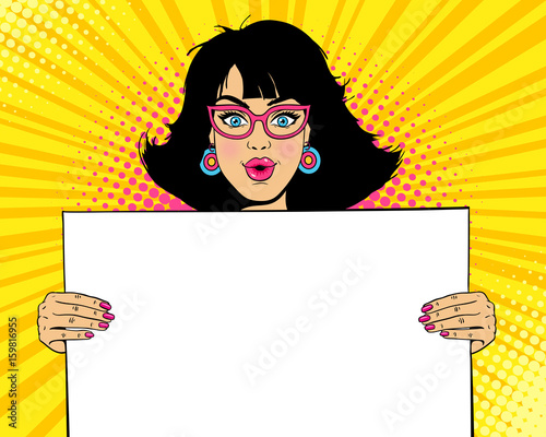 Wow female face. Young sexy surprised woman with open mouth in glasses holding blank board for your text. Vector colorful illustration in retro comic pop art style. Party invitation background.