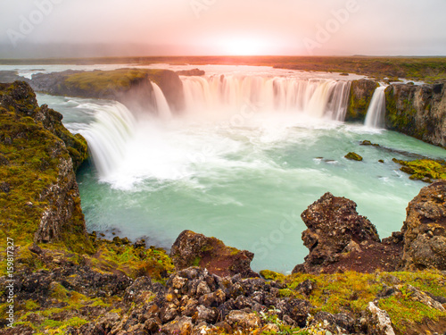 Godafoss waterfall at sunset time, northern Iceland.