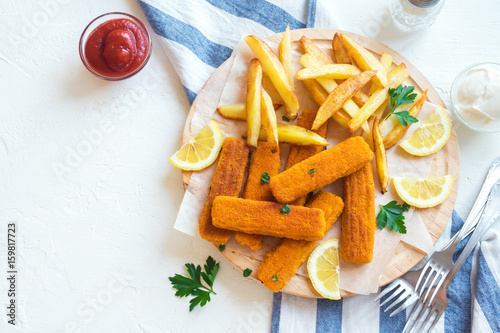 Photography Fried Fish Sticks with French Fries