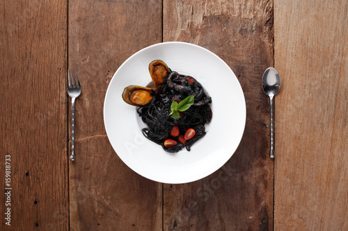 Black spaghetti with seafood,Ready to eat. On The Table