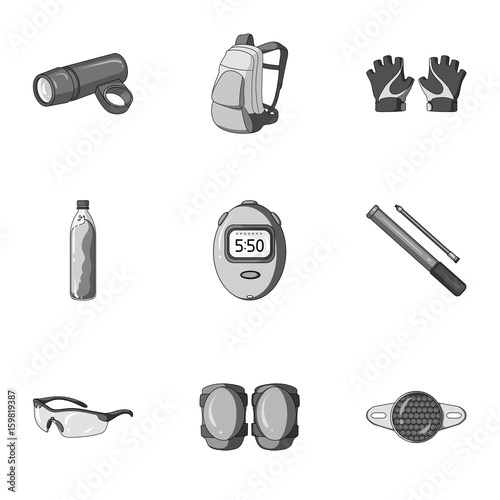 Icons of Cycling, bike. Set for bike, backpack protection, repair, form. Cyclist outfit icon in set collection on monochrome style vector symbol stock illustration.