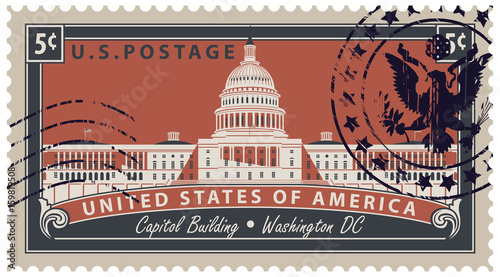 Postage stamp with inscriptions and the image of the US Capitol in Washington DC. Vector illustration Capitol Building in Washington