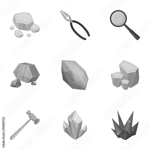 A set of jewelry, crystals, minerals and expensive metals. The jeweler inspects the ornaments.Precious minerals amd jeweler icon in set collection on monochrome style vector symbol stock illustration.