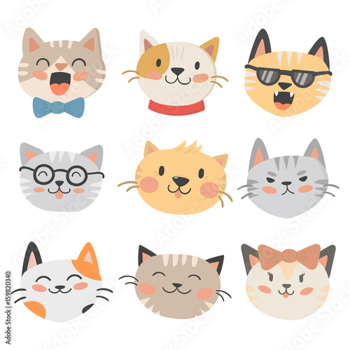 Cats heads vector illustration cute animal funny decorative characters feline domestic trendy pet drawn