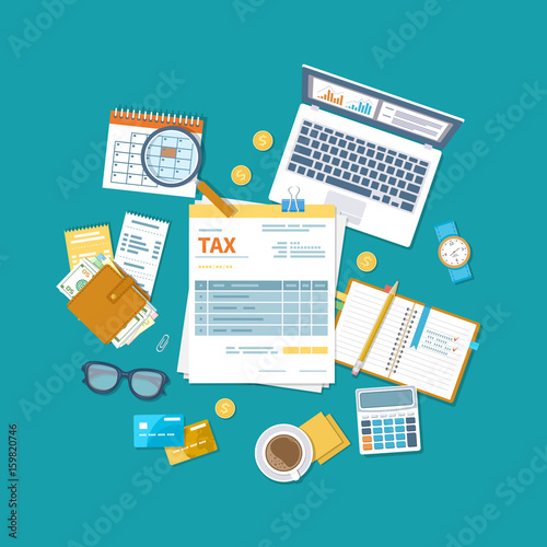 Tax payment concept. State Government taxation, calculation of tax return. Unfilled blank tax form, calendar, magnifier, money, notebook, calculator, coins, glasses, watches, documents, computer. 

