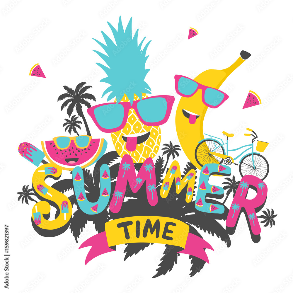 Summer time. Hand drawn typography poster, greeting card, bags, for t-shirt design, vector illustration.