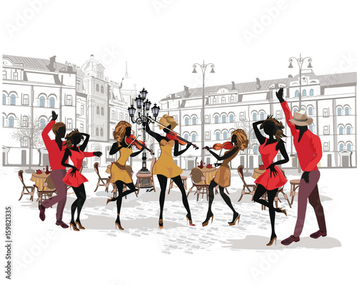 Series of street views in the old city. Street musicians and dancers. Hand drawn vector architectural background with historic buildings. 