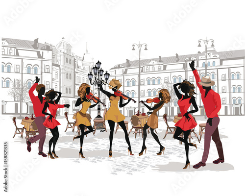 Series of street views in the old city. Street musicians and dancers.  Hand drawn vector architectural background with historic buildings. 
