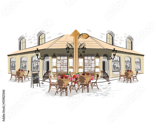 Series of cafes with flowers in the old city. Hand drawn vector. 