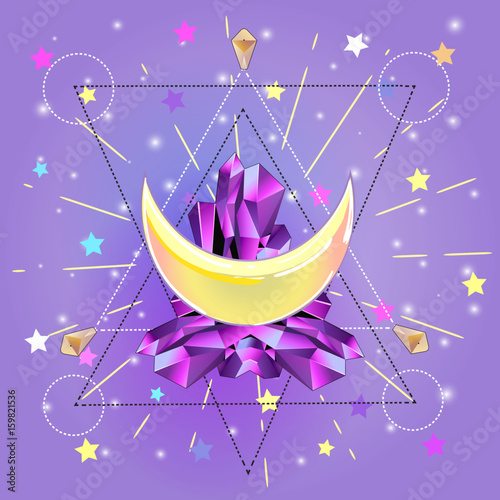 Pastel goth illustration with crescent moon with crystals,rays and stars.Sacred geometry style with space background.Trendy print.