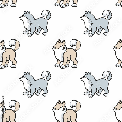 Children s seamless pattern in cartoon style with cute husky dogs. Vector background.
