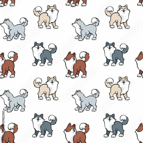 Fototapeta Naklejka Na Ścianę i Meble -  Children's seamless pattern in cartoon style with cute husky dogs. Vector background.