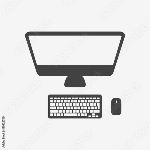 Desktop personal computer with monitor, keyboard and mouse monochrome icon. Vector illustration.