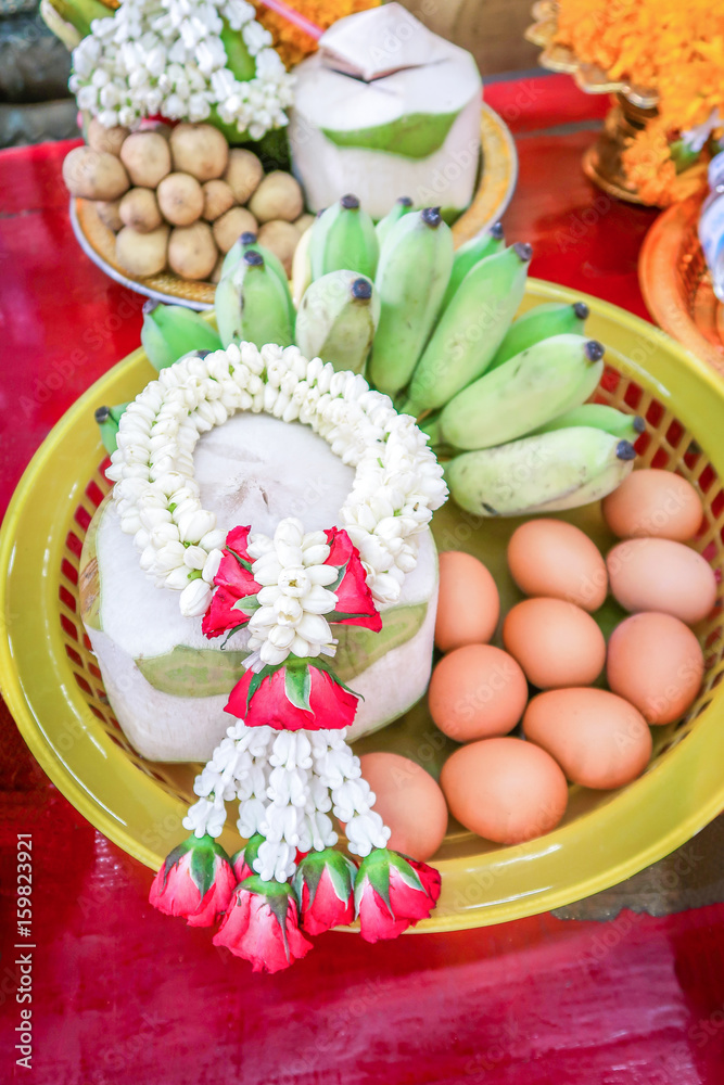Boiled eggs coconut and banana to oblation vow, traditional ceremony in Thailand