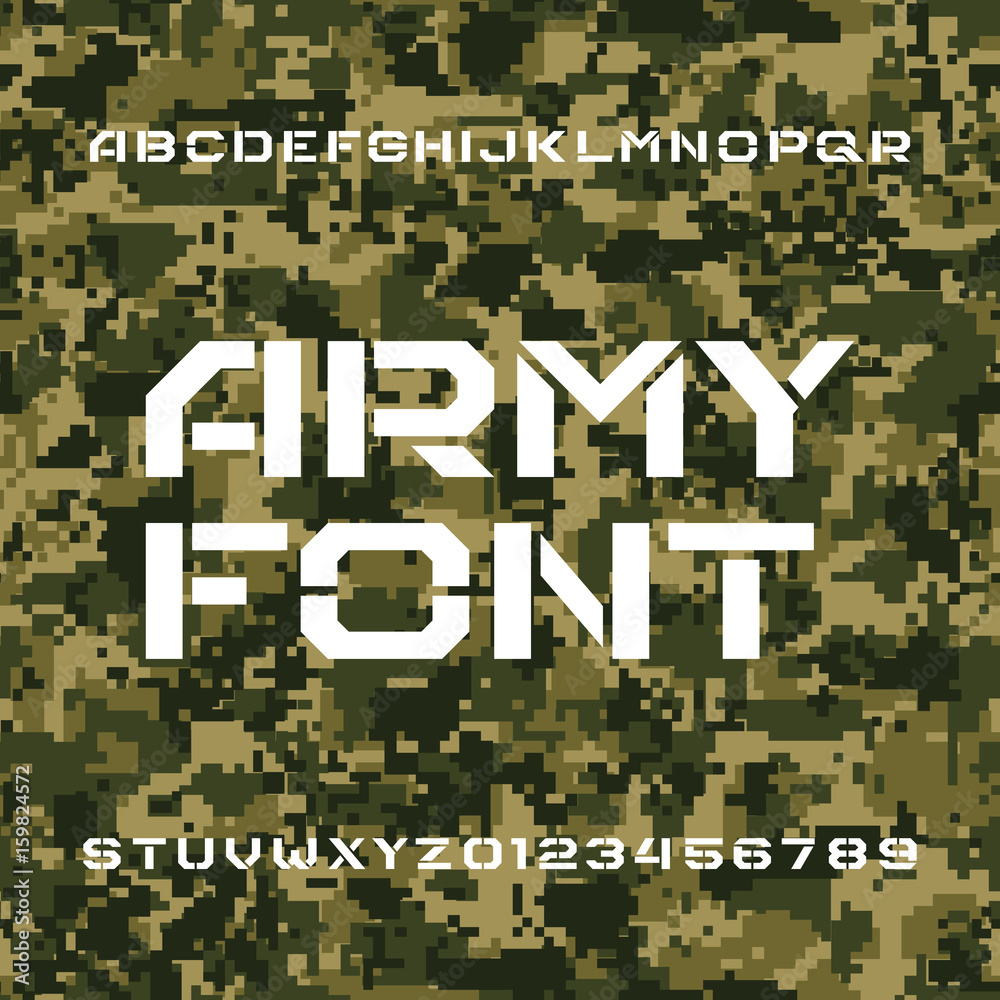 Plakat Army alphabet font. Stencil type letters and numbers on a seamless pixel camo background. Vector typography for your design.