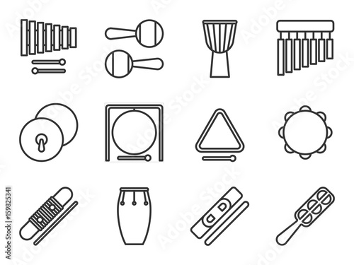 Set of isolated line icon. Percussion musical instrument. Black outline collection. Xylophone, maracas, djembe, chimes, cymbals, gong, triangle, tambourine, guiro, conga, claves, jingle, sistrum.