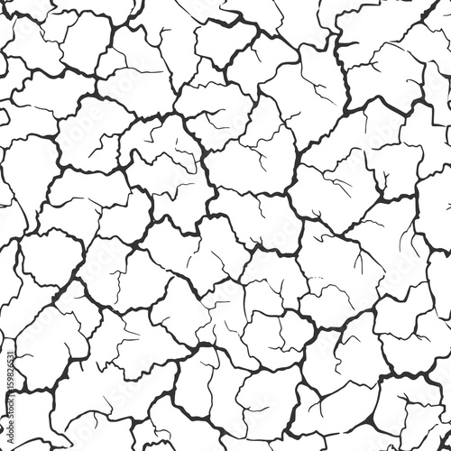 Seamless realistic pattern. Imitation print of dry soil of desert. Black crack on white background.