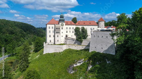 Historic castle Pieskowa Skala near Krakow in Poland. Aerial view.