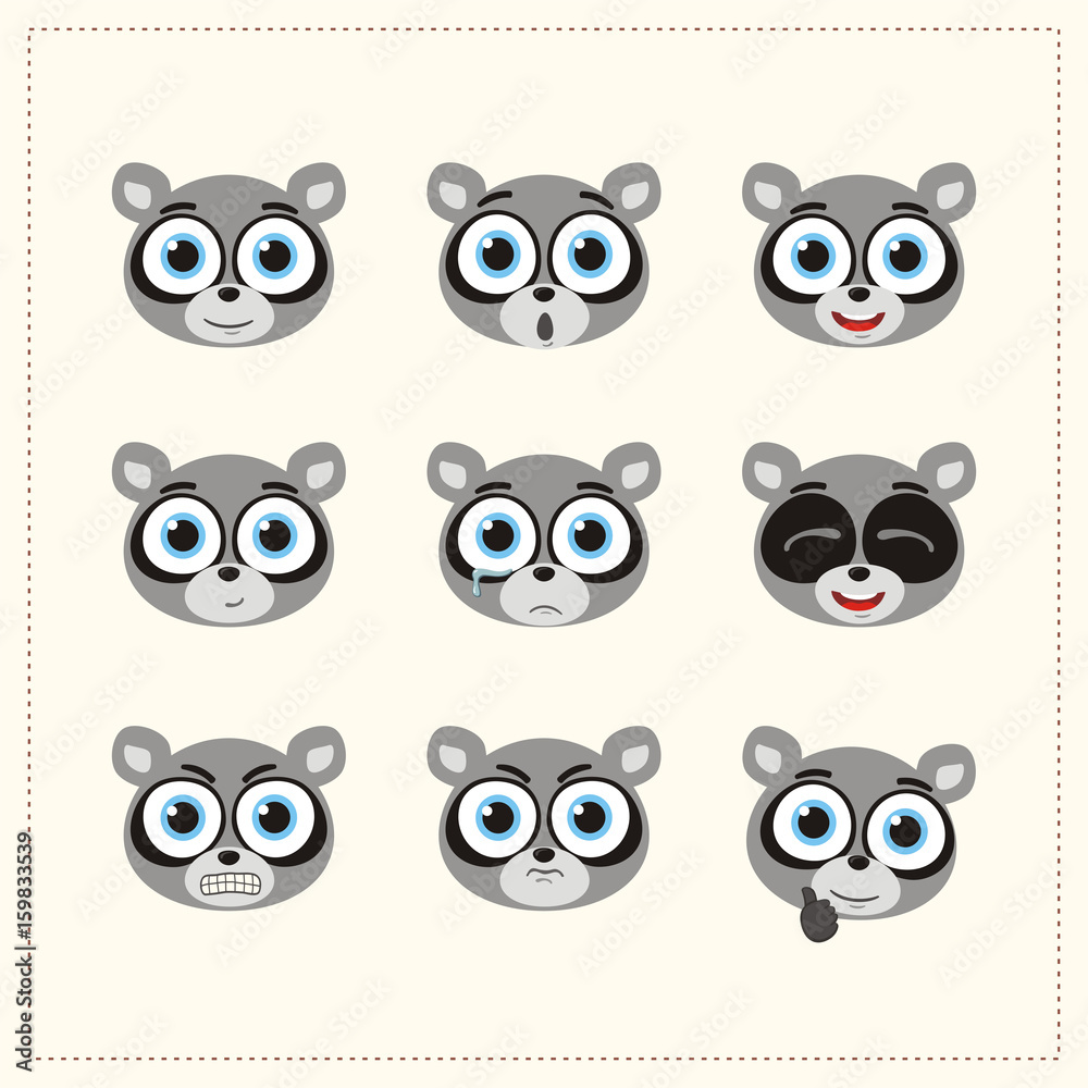 Set funny face raccoon different emotion. Collection emoticons of cartoon raccoon isolated.